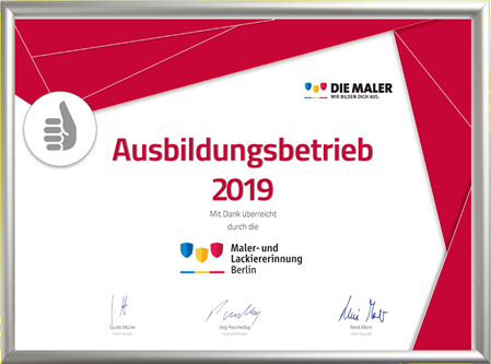 Urkunde Ausbildungsbetrieb von der Maler- und Lackiererinnung Berlin